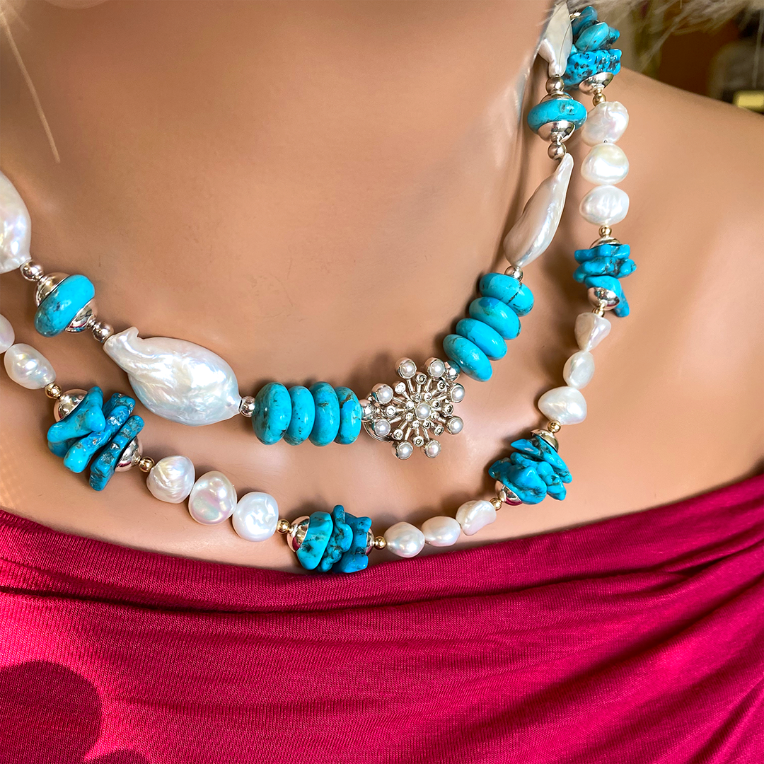 AAA Keishi Pearls & Kingman Turquoise Necklace