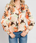 Floral Satin With Smocked Cuffs Shirt In Beige