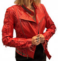Laced Heart Leather Moto Jacket In Red