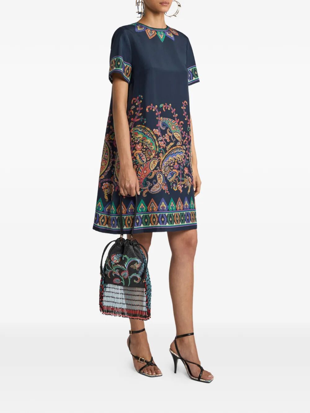 Etro Women Silk Mini Tunic Dress With Placed Floral Paisley Print