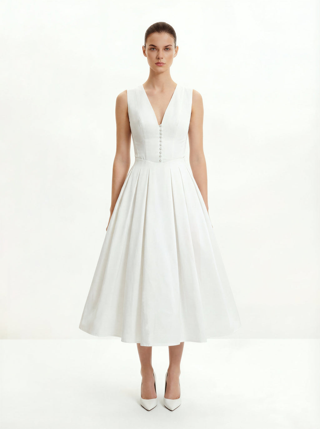 Front V-Neck Pleated Midi Dress - White