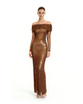 Rhinestone Mesh Off-Shoulder Maxi Dress - Brown