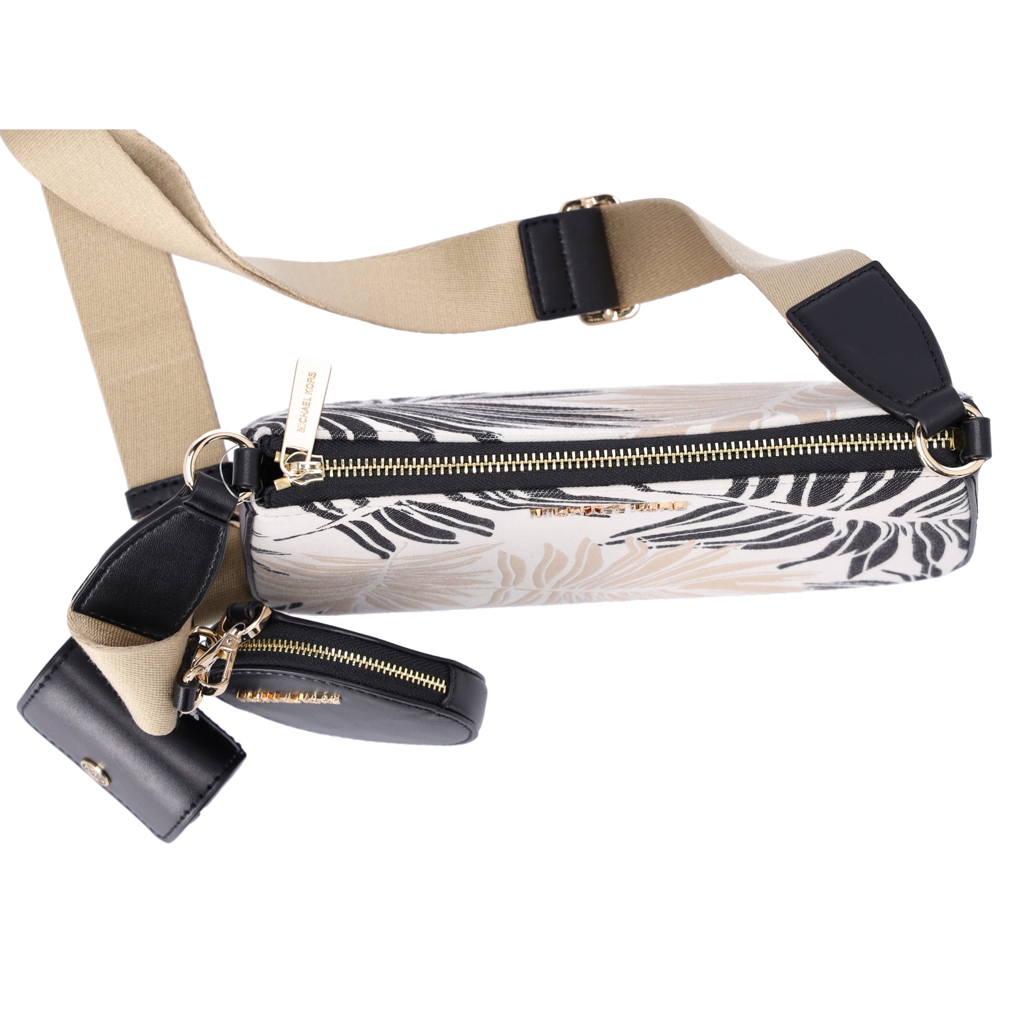 Michael Kors Jet Set Crossbody Tech Accessories Attached Black Multi Palm Leaves