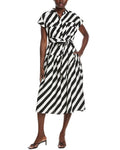 Gracia Stripped Front Pockets Belt Midi Dress