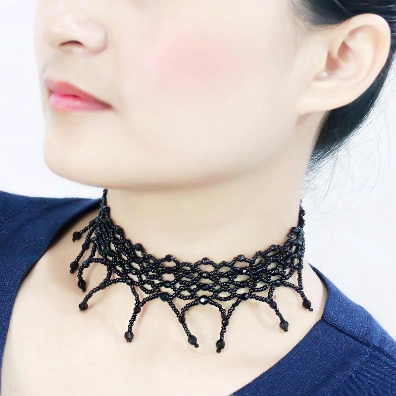 Rhodium Brass Necklace with Synthetic Synthetic Glass in Jet