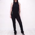 BALMAIN BLACK RIBBED JUMPSUIT WITH GOLD LOGO BUTTONS - SIZE 44