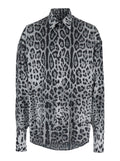 Dolce & Gabbana Men Grey Shirt With Leopard Print All-Over And Logo Lettering In Silk Man