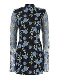 Rotate Women Black High Neck Mini Dress With Semi Sheer Sleeves And All-Over Floral Motif In Tech Fabric Woman
