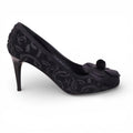 CHANEL BLACK FABRIC CAMÉLIA LOGO HEELS - SIZE 38.5