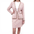 CHANEL PINK TWEED SUIT WITH CHAIN DETAIL - SIZE 40