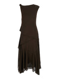 Ganni Women 'Marl' Brown Long Dress With Layered Design And Knot Detail In Tech Fabric Women