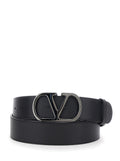 Valentino Garavani Men Black Belt With Vlogo Plaque Closure On The Front In Leather For Men
