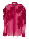 Dries Van Noten Women Fuchsia Shirt With Mandarin Collar And 3D Floral Embroidery All-Over In Silk For Women