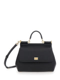 Dolce & Gabbana Women Handbag 'Sicily' Medium With Logo Plate On Front In Grained Black Leather Woman