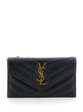 Saint Laurent Women 'Cassandre' Black Zip Card Case With Flap In Embossed Leather Woman
