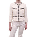 CHANEL CREAM ZIP UP JACKET WITH FLORAL BEADED TRIM AND LOGO DETAIL - SIZE 40