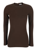 Brunello Cucinelli Women Brown Crew Neck T-Shirt With Monil Detail On The Neck And Keyhole Closure At The Back In Cotton For Women