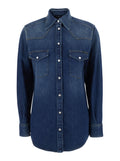 Dolce & Gabbana Women Blue Shirt With Classic Collar And Metallic Logo Patch On The Back In Denim For Women
