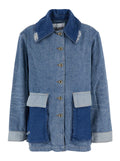 Ganni Women Blue Jacket With Classic Collar With Fringed Details And Patchwork Design In Denim For Women