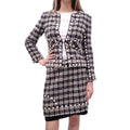 CHANEL CREAM AND BLACK METALLIC TWEED SUIT WITH STUDDED DETAIL - SIZE 38/40