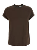 Brunello Cucinelli Women Brown Crew Neck T-Shirt With Monil Detail On The Collar In Cotton For Men