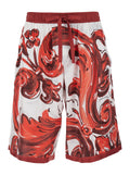 Dolce & Gabbana Men Bordeaux Bermuda Shorts With Elasticated Waist And Drawstring And All-Over Maiolica Print In Silk For Men