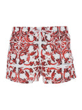 Dolce & Gabbana Men Bordeaux Swim Shorts With Elasticated Waist And Drawstring And All-Over Majolica Print In Tech Fabric For Men