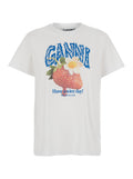 Ganni Women White Crew Neck T-Shirt With Large Logo Lettering Print And Strawberries On The Front In Cotton For Women