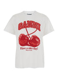 Ganni Women White Crew Neck T-Shirt With Large Logo Lettering And Cherries On The Front In Cotton For Women