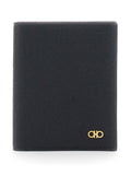 Ferragamo Men 'Micro Gancini' Black Card Holder Bi-Fold With Logo In Grained Leather Men