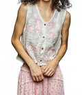 Fernanda Boho Prairie Lillies Embroidery Button Down Vest Top In Natural Pink