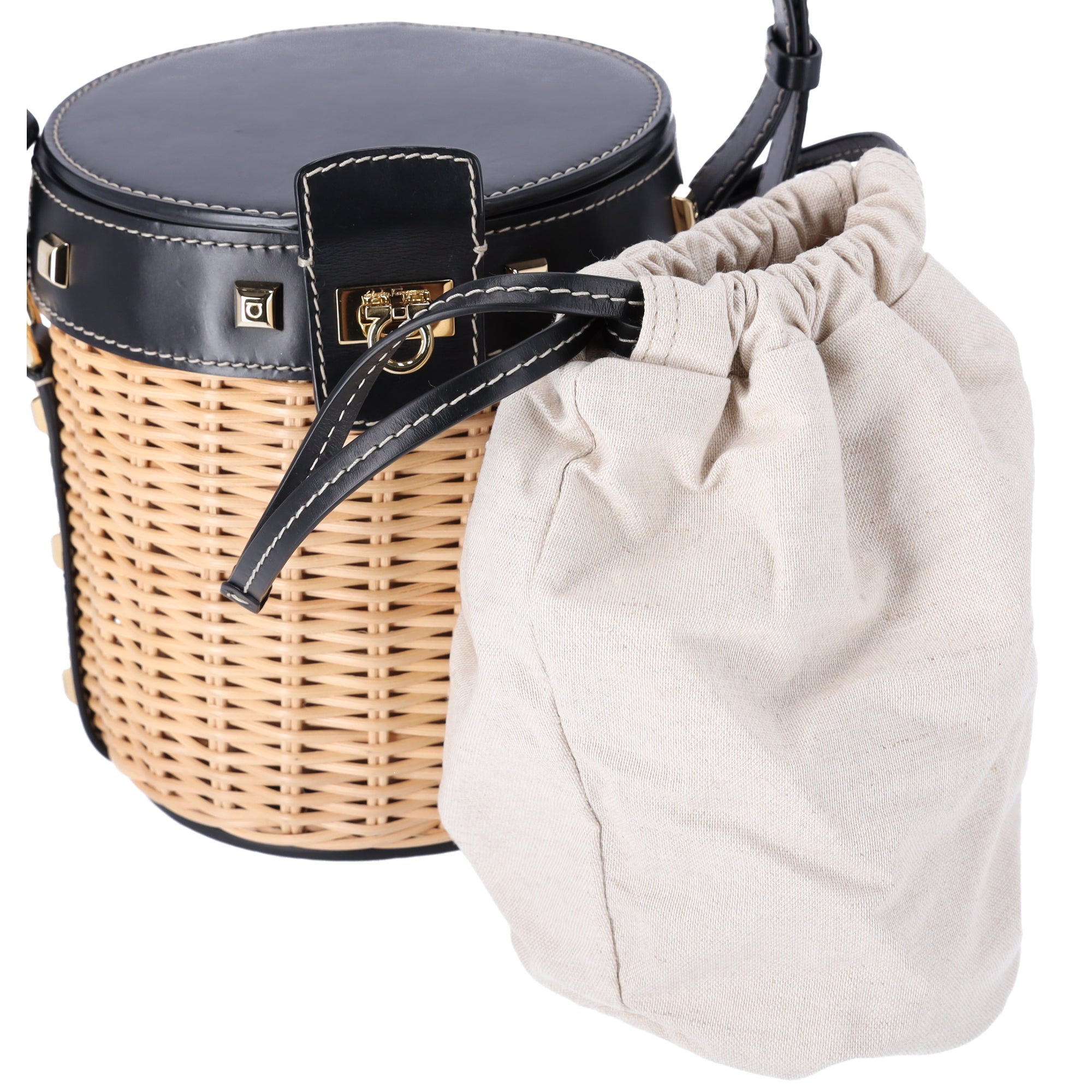 Salvatore Ferragamo Gancini Drawstring Bucket Bag Wicker Studded Leather + Pouch