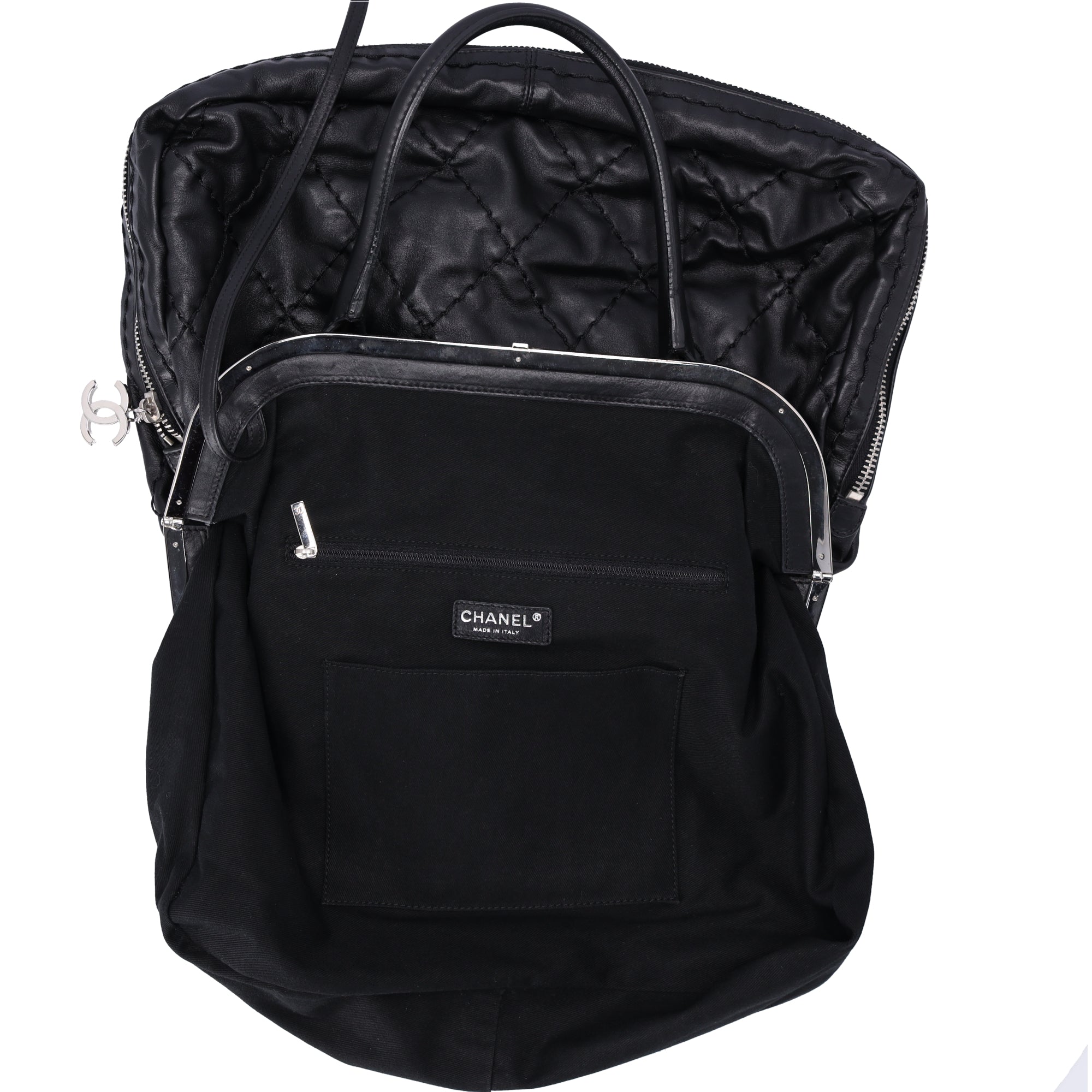 CHANEL Wild Stitch Expandable Frame Tote Bag Black Leather