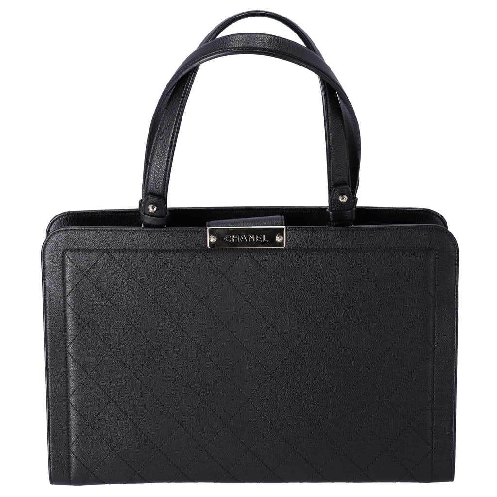 CHANEL Large Label Click Shopper Tote Black Stitched Grained Calfskin