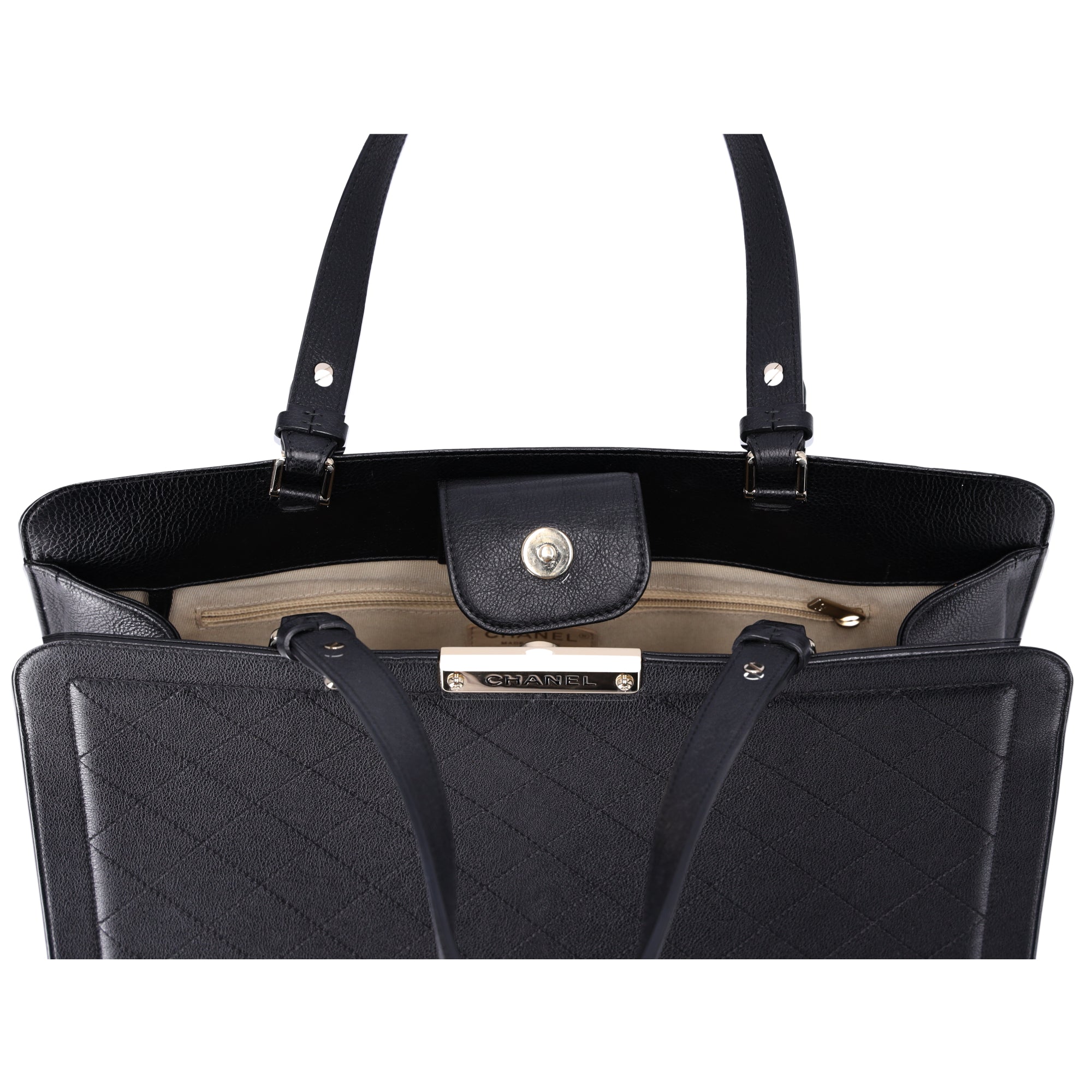CHANEL Large Label Click Shopper Tote Black Stitched Grained Calfskin