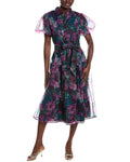 Gracia Puff Sleeve Band Collar Organza Midi Dress