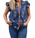 Flutter Sleeve Floral Print V Neck Top In Navy