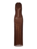 Self-Portrait Women Long Brown Dress With Rhinestone And Halter Neckline