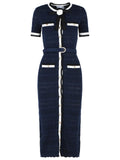 Self Portrait Navy Cotton Blend Openwork Knit Midi Dress Women