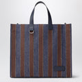 Fendi Pequin Shopper Bag In Dark Blue Denim And Brown Canvas Men