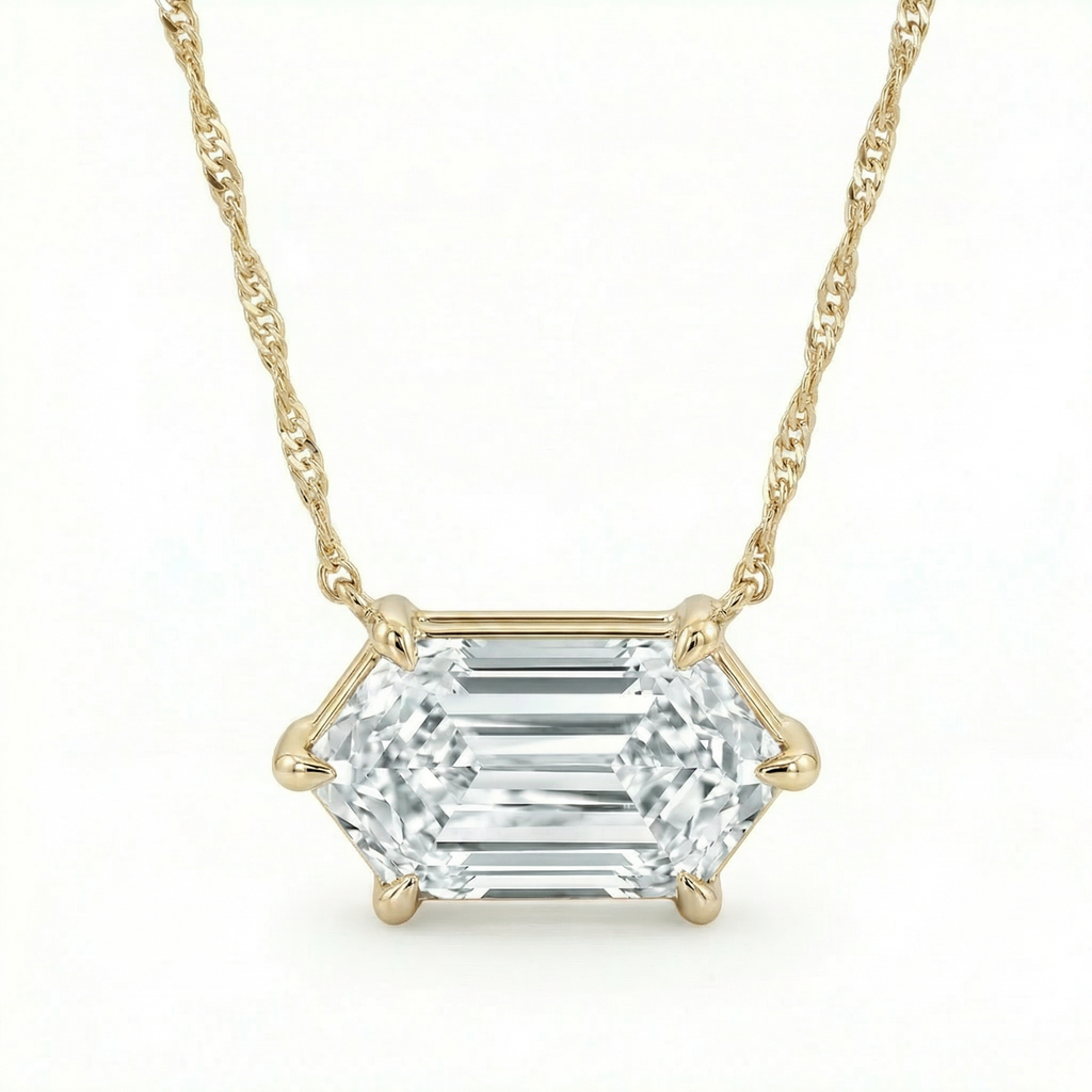Certified 1.10Ct Long Hexagon Diamond East West Pendant Gold Necklace Lab Grown