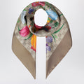 Gucci Silk Twill Carre With Gg Flora Print In Light Brown Women
