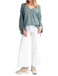V-Neckline Knit Button Detail Sweater In Teal Green