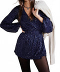 Christa Long Sleeve Romper In Navy
