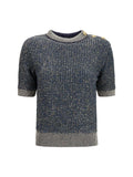Balmain Women Short-Sleeve Sequined Sweater With Buttons