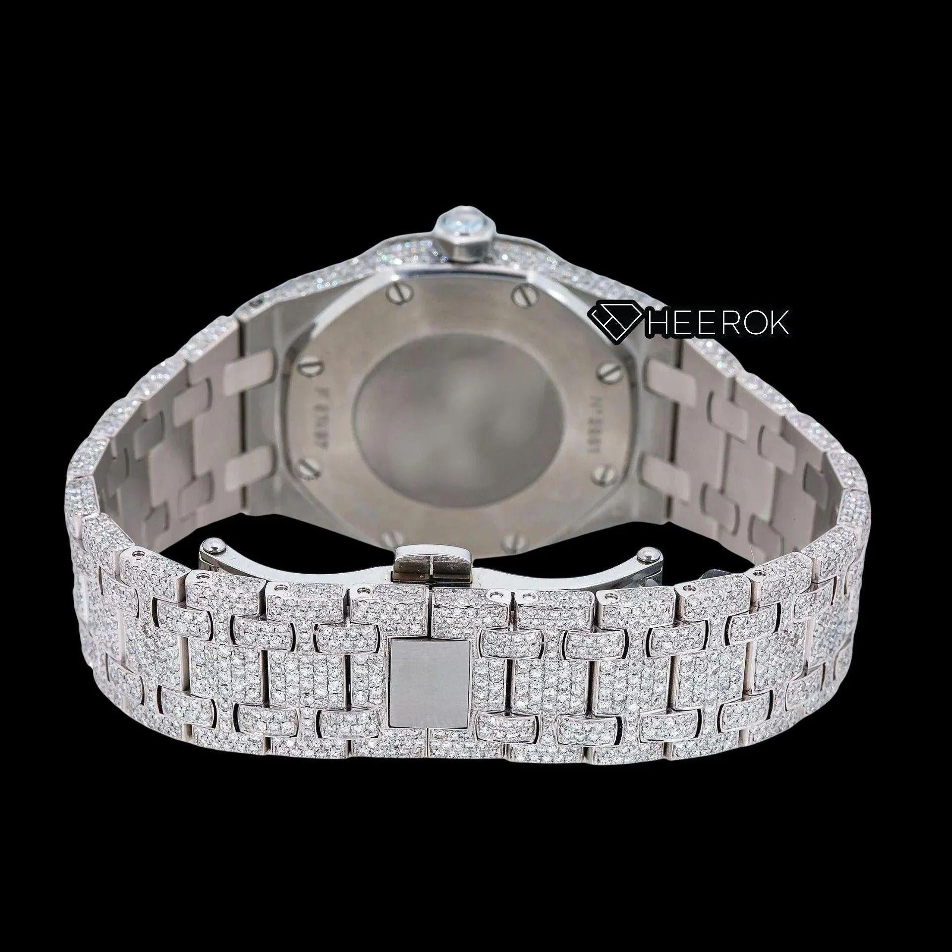 AP Royal Oak Black Dial Oval Markers Diamond Bezel Fully Iced Out Moissanite Diamond Watch For Women