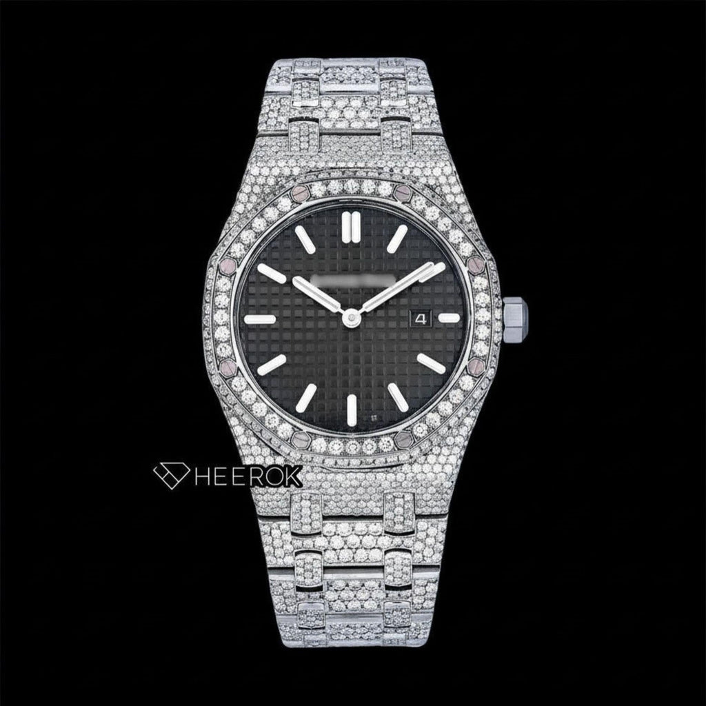 AP Royal Oak Black Dial White Stick Markers Diamond Bezel Fully Iced Moissanite Diamond Watch For Women