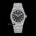 AP Royal Oak Black Dial White Stick Markers Diamond Bezel Fully Iced Moissanite Diamond Watch For Women