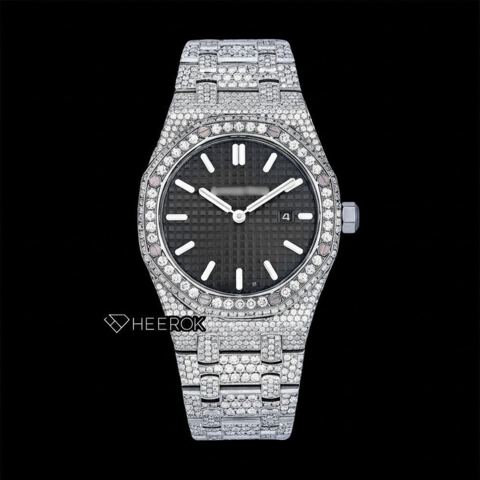 AP Royal Oak Black Dial White Stick Markers Diamond Bezel Fully Iced Moissanite Diamond Watch For Women