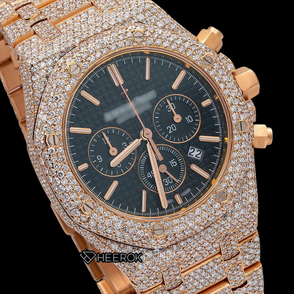 AP Royal Oak Chronograph Black Dial Stick Markers Diamond Bezel Fully Iced Out Rose Gold Moissanite Watch